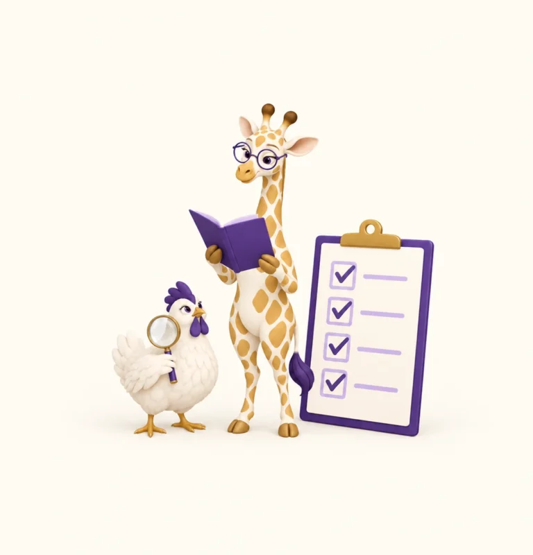 Amana consulte un livret violet à côté d’une liste entièrement cochée, pendant qu’une poule de l’Unité Inkunga vérifie les détails à la loupe.