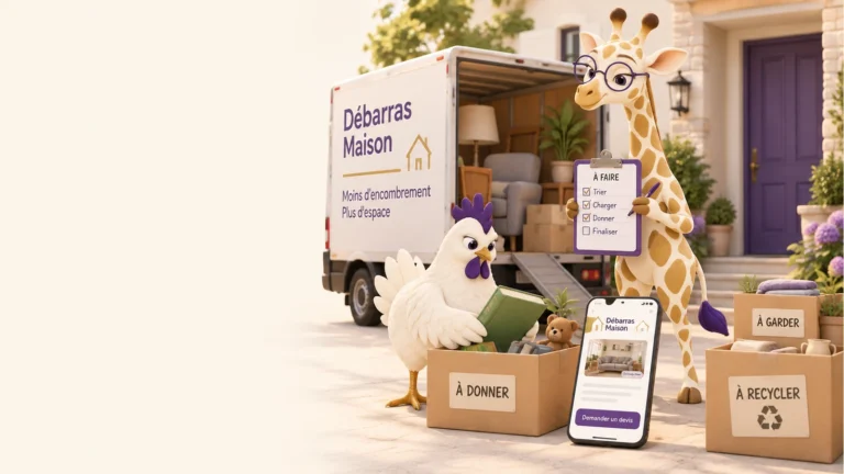 Amana et une poule de l’Unité Inkunga organisent un débarras près d’une camionnette et d’un téléphone proposant une demande de devis.