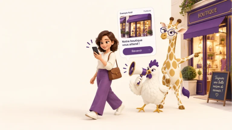 Une cliente retrouve une boutique dans une publicité ; Amana et une poule de l’Unité Inkunga illustrent le chemin du retour.