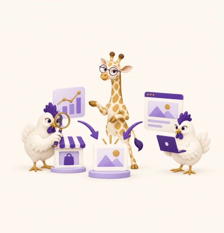 Amana, entourée de deux poules de l’Unité Inkunga, rassemble vers un même visuel publicitaire une flèche venue d’une boutique et une autre venue d’une page web.