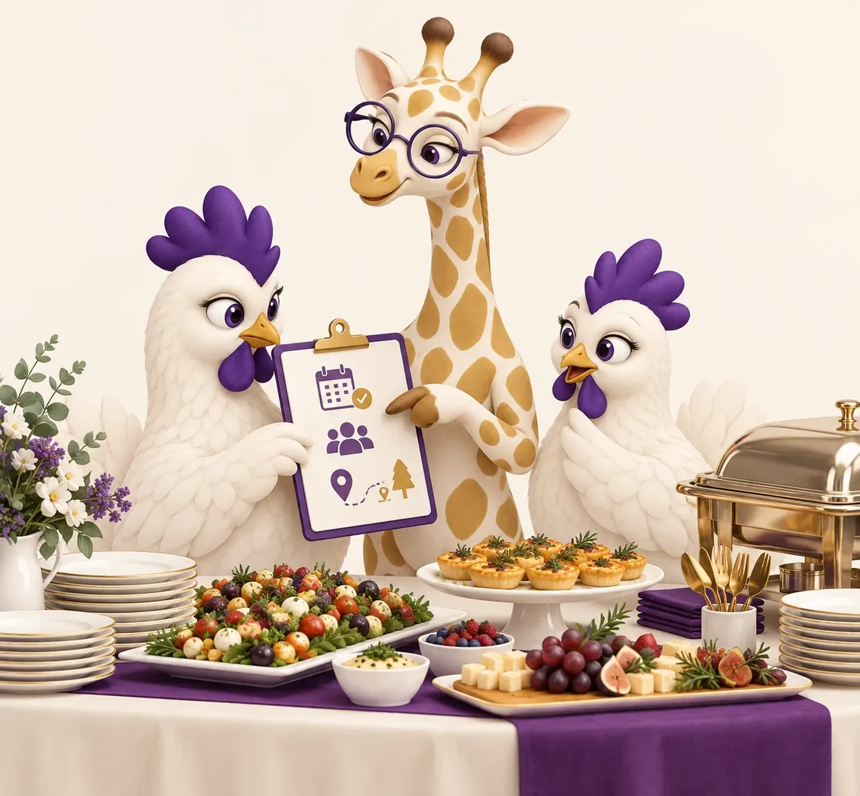 Amana présente un planning d’événement entre deux poules de l’Unité Inkunga, derrière un buffet de traiteur dressé.