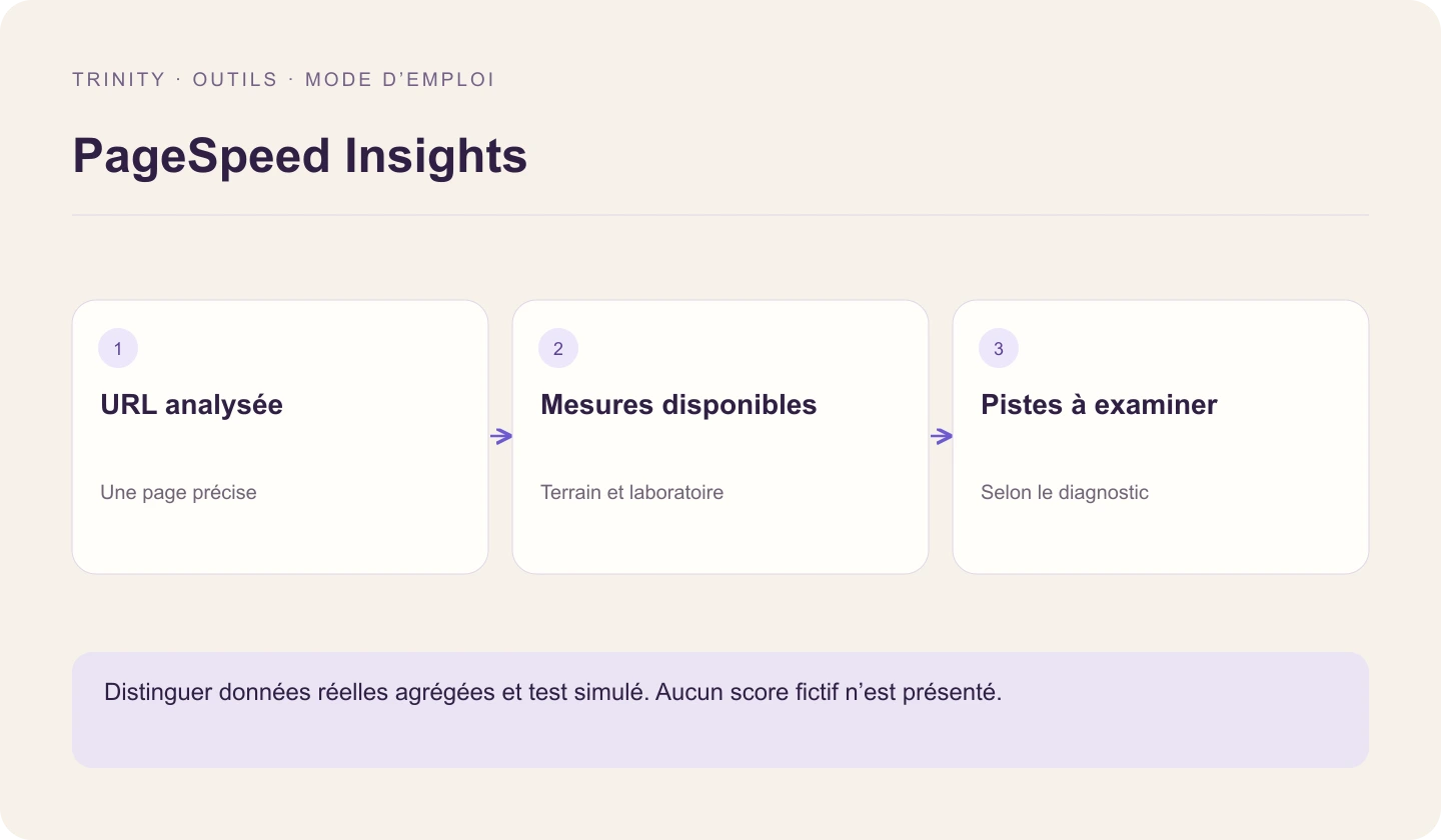 URL analysée; Mesures disponibles; Pistes à examiner. Distinguer données réelles agrégées et test simulé. Aucun score fictif n’est présenté.