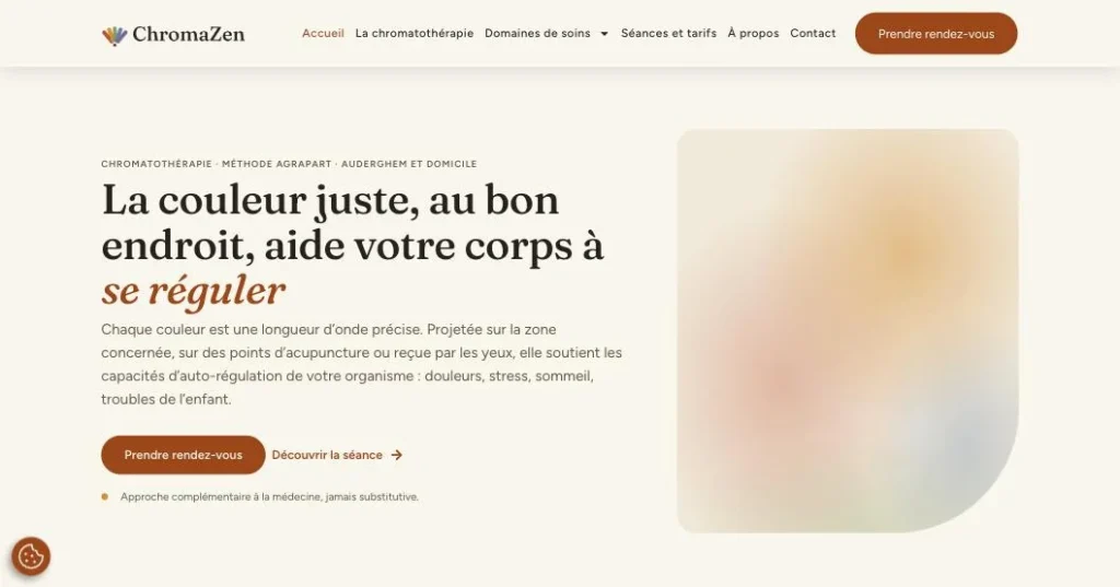 Page d’accueil du site ChromaZen : menu avec un bouton « Prendre rendez-vous », titre « La couleur juste, au bon endroit, aide votre corps à se réguler » et, sous le texte, un second bouton « Prendre rendez-vous ».