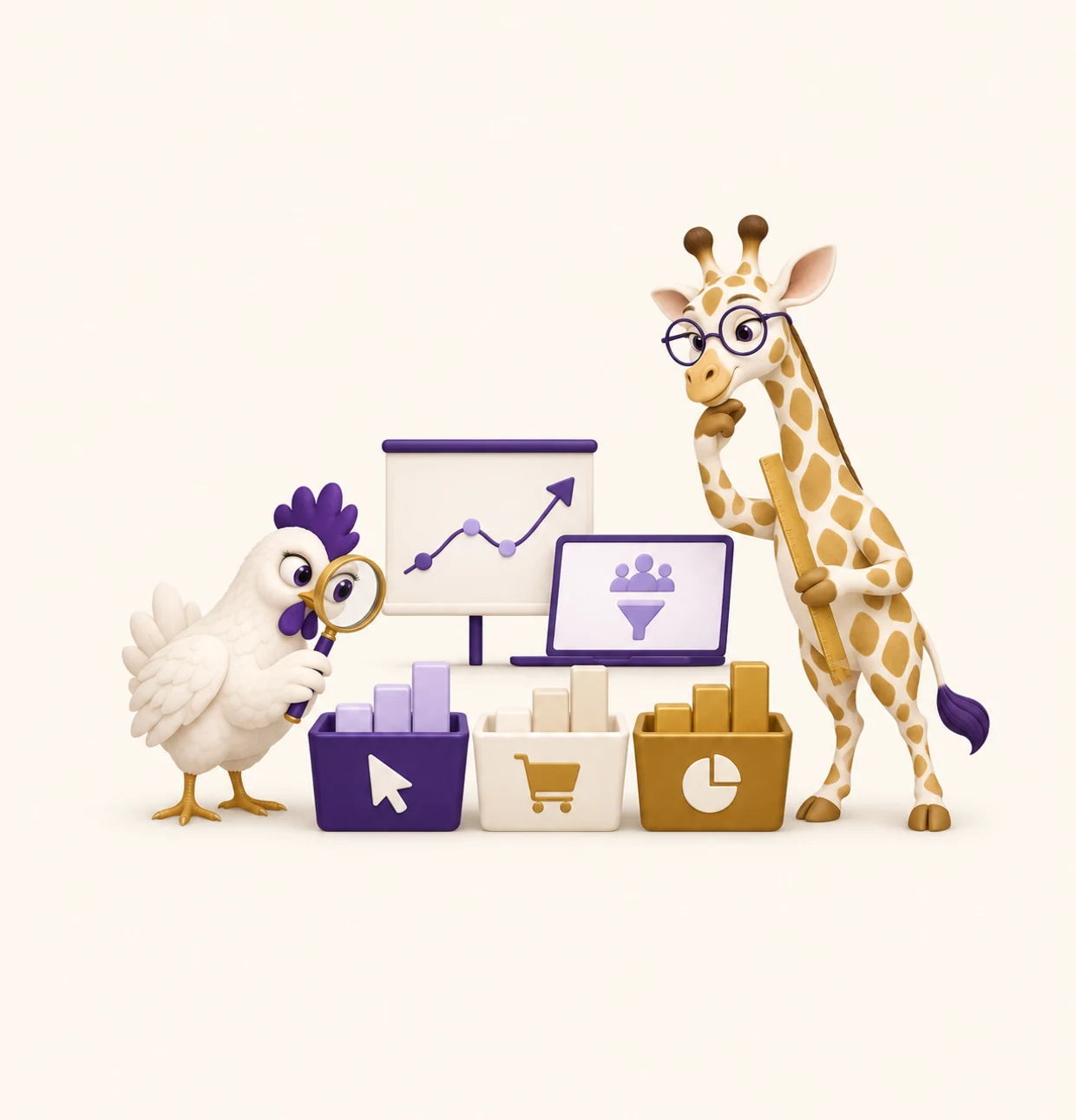 Amana réfléchit, une règle à la main, pendant qu’une poule de l’Unité Inkunga inspecte à la loupe des bacs de clics, d’achats et de résultats sous un graphique en hausse.