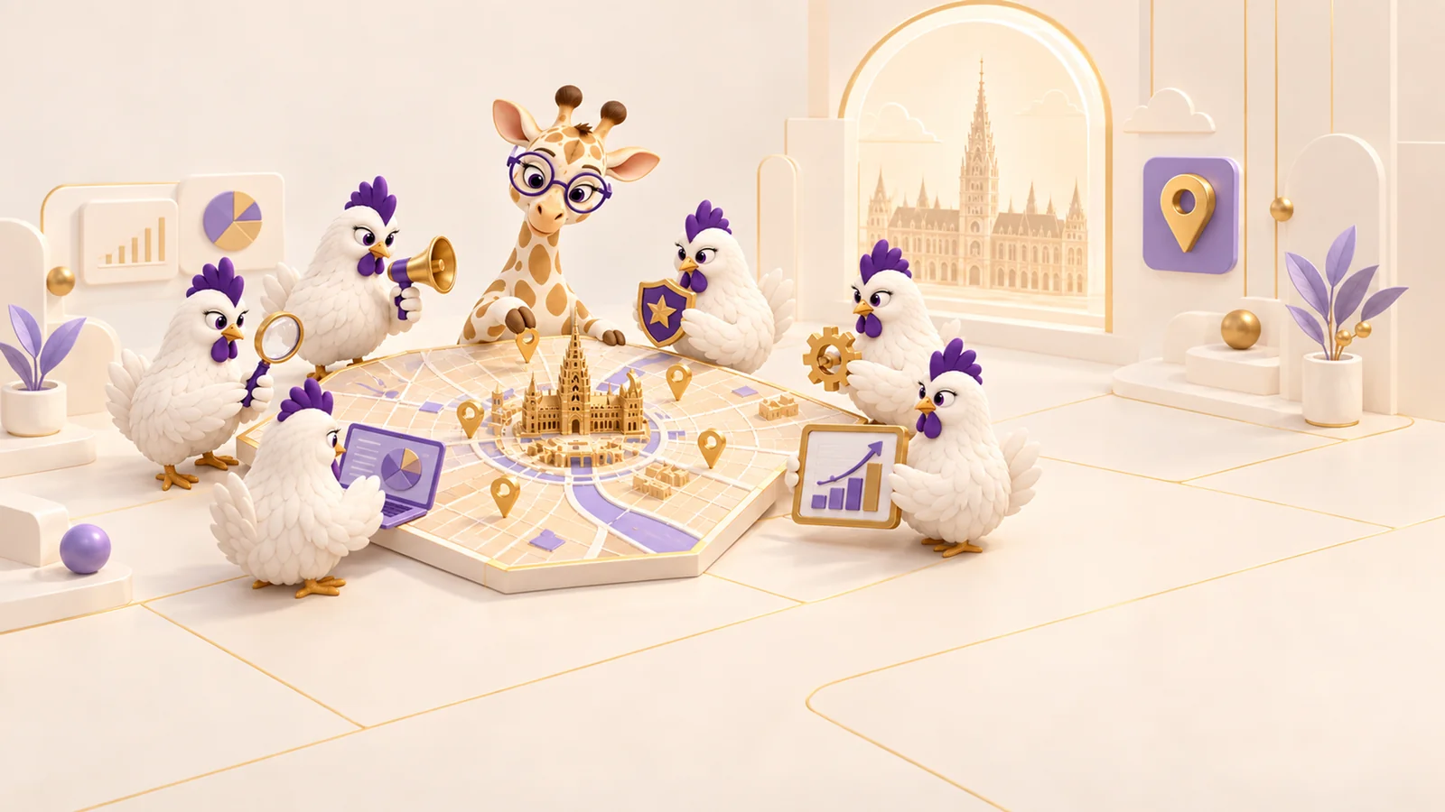 Amana et les poules placent un commerce sur une carte de quartier en miniature.