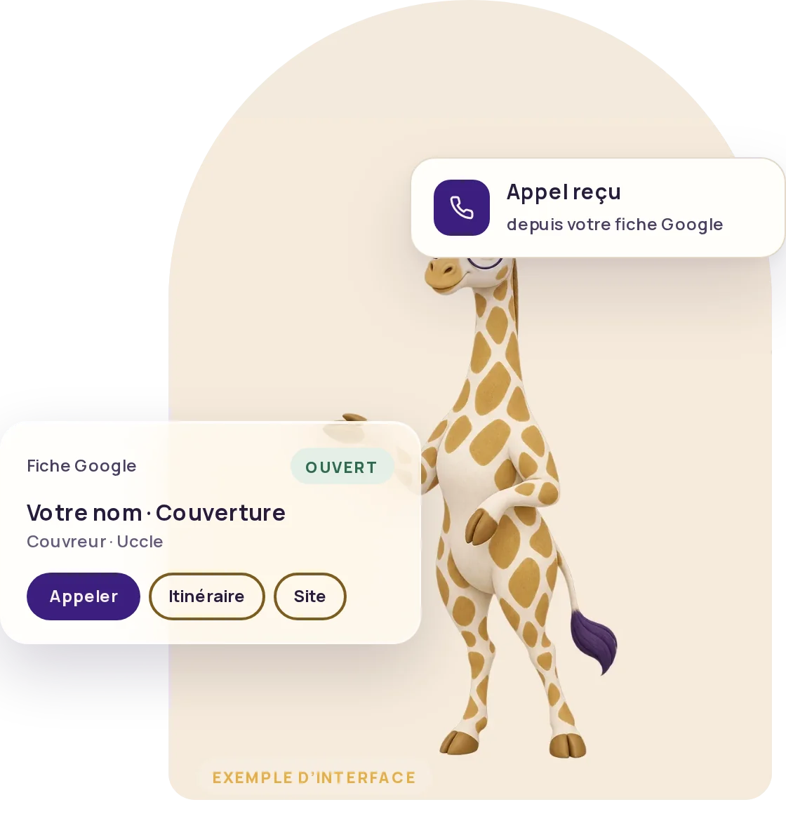 Amana, la girafe de Trinity, entre une fiche Google ouverte et une notification d&rsquo;appel re&ccedil;u