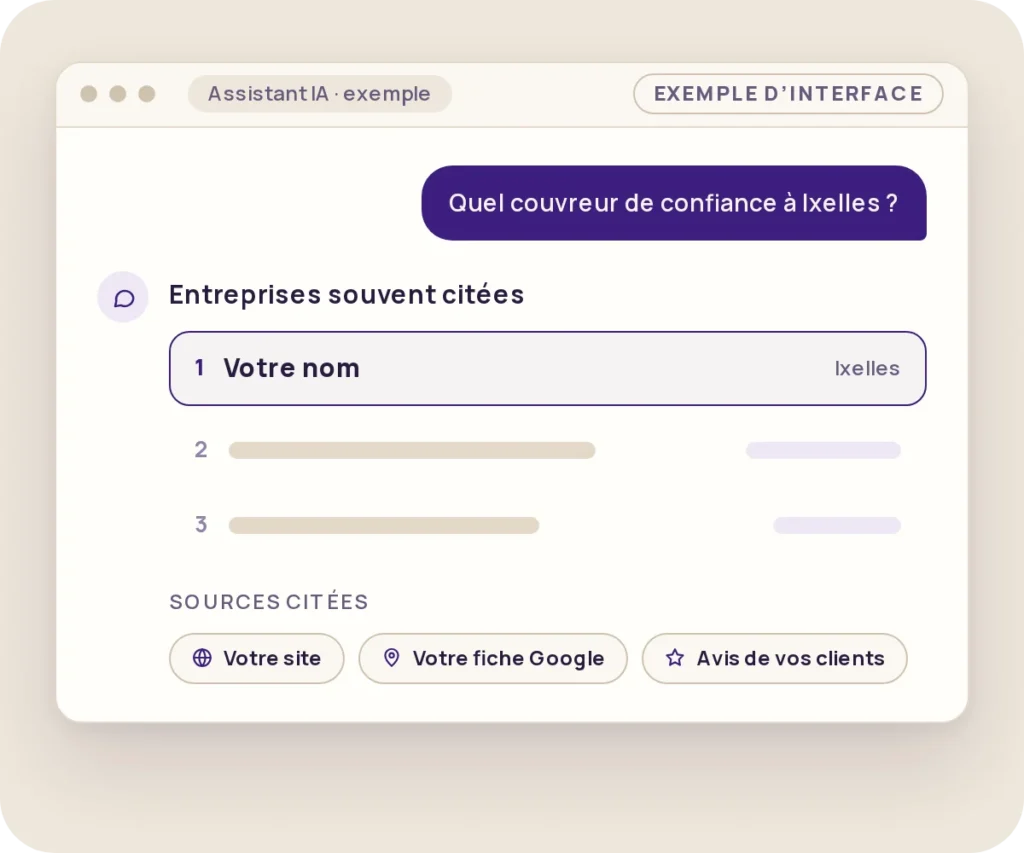 Exemple de r&eacute;ponse d&rsquo;un assistant IA qui cite votre entreprise et ses sources