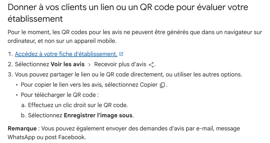 Aide Fiche d’établissement Google, Donner à vos clients un lien ou un QR code pour évaluer votre établissement : étapes depuis la fiche, Voir les avis puis Recevoir plus d’avis.