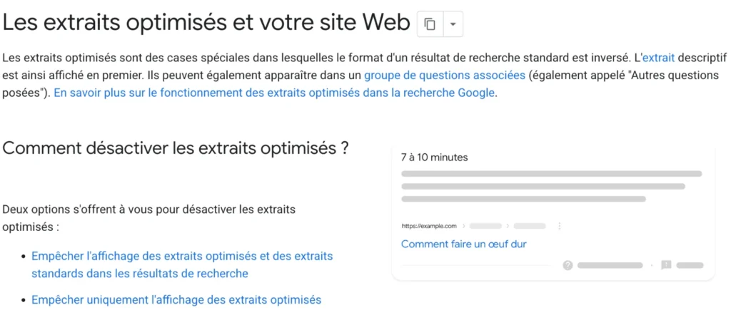 Documentation Google Search Central, Les extraits optimisés et votre site Web : définition, exemple d’extrait optimisé « Comment faire un œuf dur » et options pour désactiver les extraits.